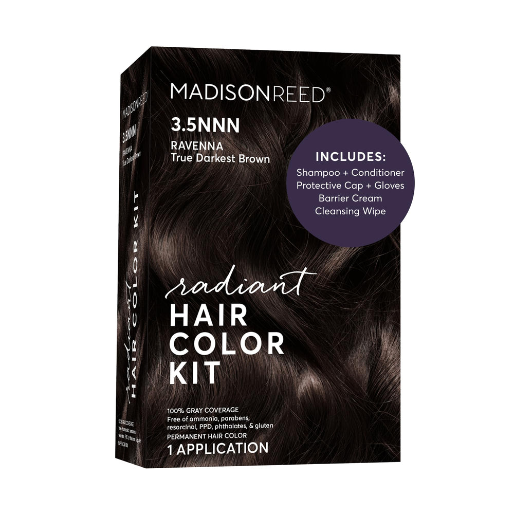 Madison Reed front packaging showing 3.5NNN darkest brown-black and benefits