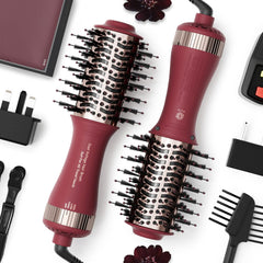 Madremía front view of packaged travel hair dryer brush showing compact benefit
