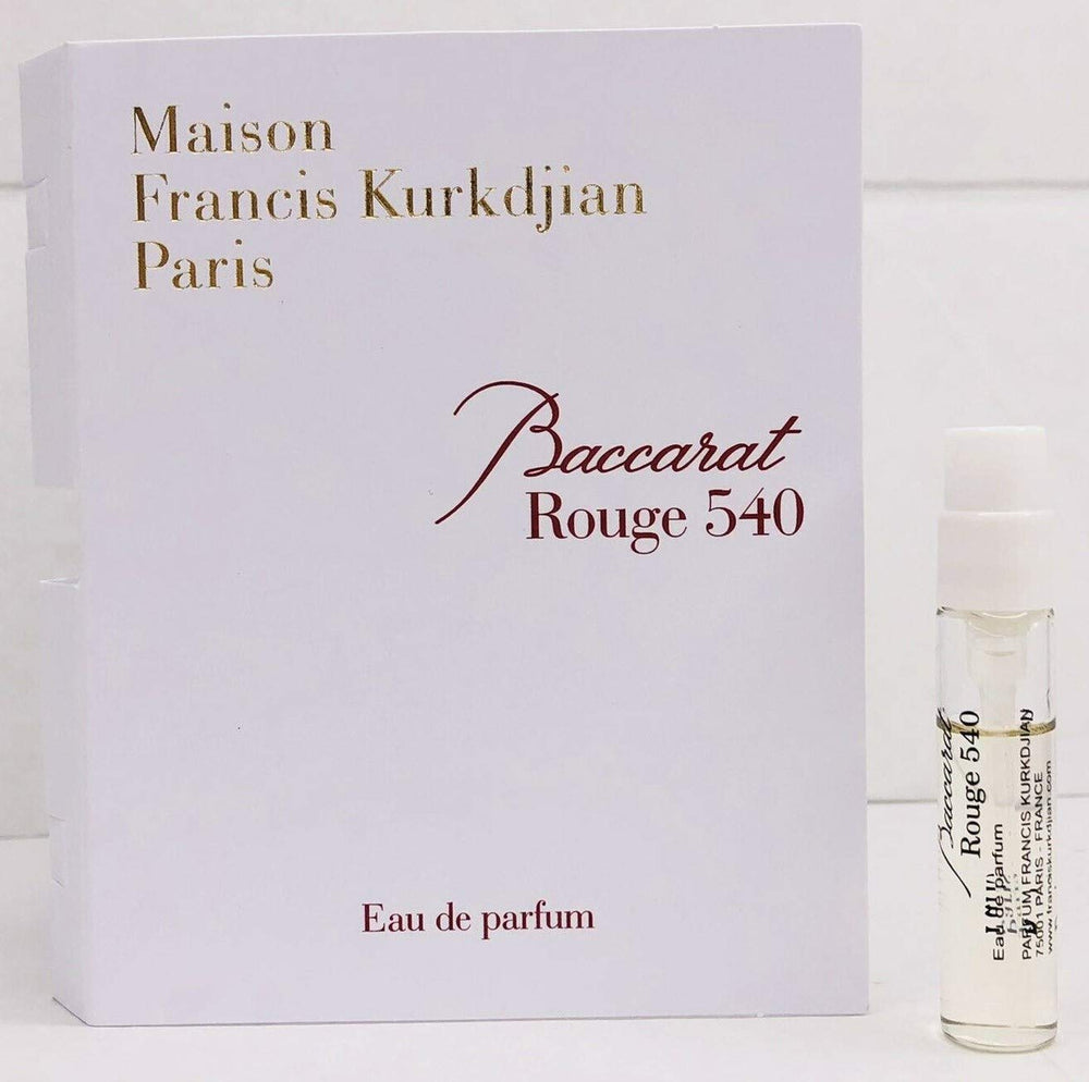 Maison Francis Kurkdjian vial front view showing elegant label and compact size for sampling