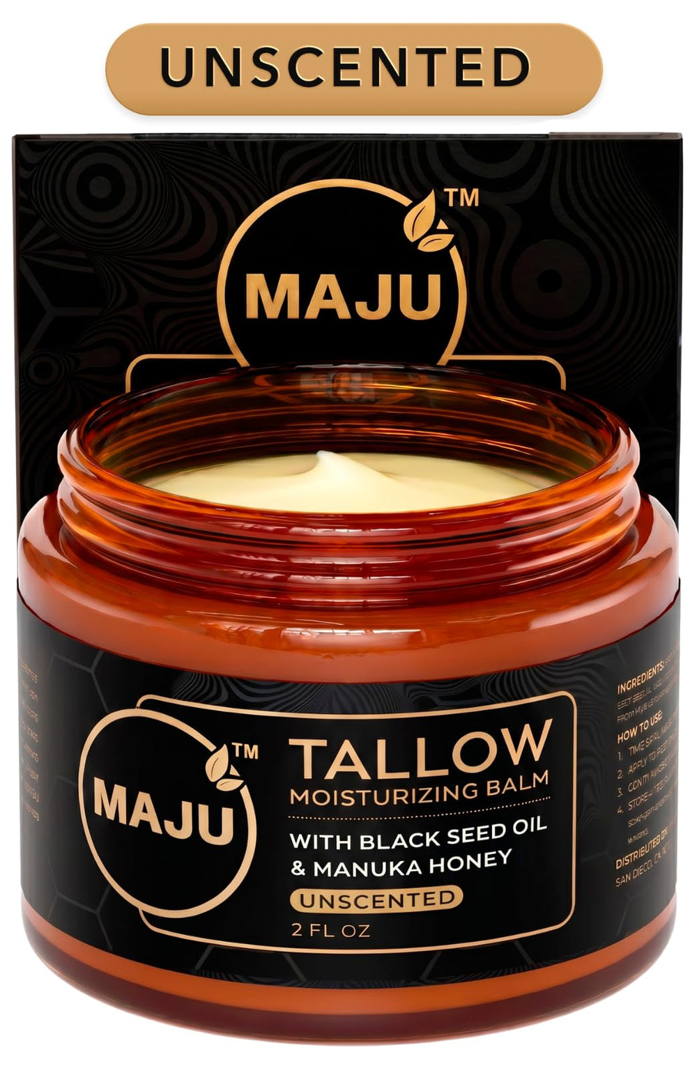 MAJU front jar shot showing unscented tallow balm and clear ingredient promise