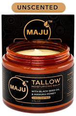 MAJU front jar shot showing unscented tallow balm and clear ingredient promise
