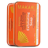 MAKARI exfoliating soap front packaging shows brand and benefits clearly