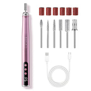 Makartt front view of pink cordless nail drill kit showing components and portability benefit