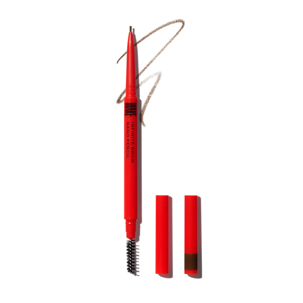 MAKE nano eyebrow pencil front view showing warm brown shade benefit precise shaping