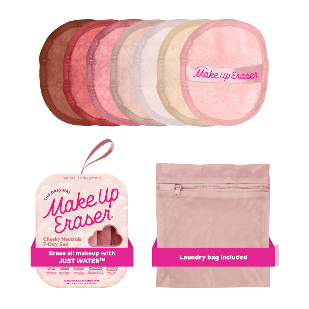 MakeUp Eraser front packaging showing seven cheeky neutrals, convenient set