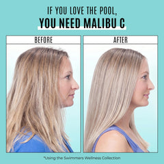Applying Malibu C to wet hair after shampoo to remove chlorine and mineral build-up