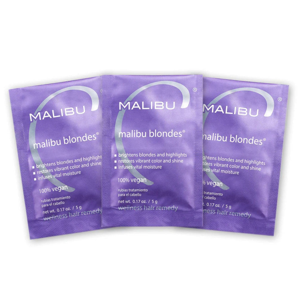Malibu C packet front view showing branded single-use remedy and travel-friendly benefit