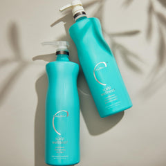 Malibu C dispensing shampoo from pump illustrating controlled application