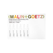 MALIN+GOETZ discovery set box front showing six travel vials, convenient sampling