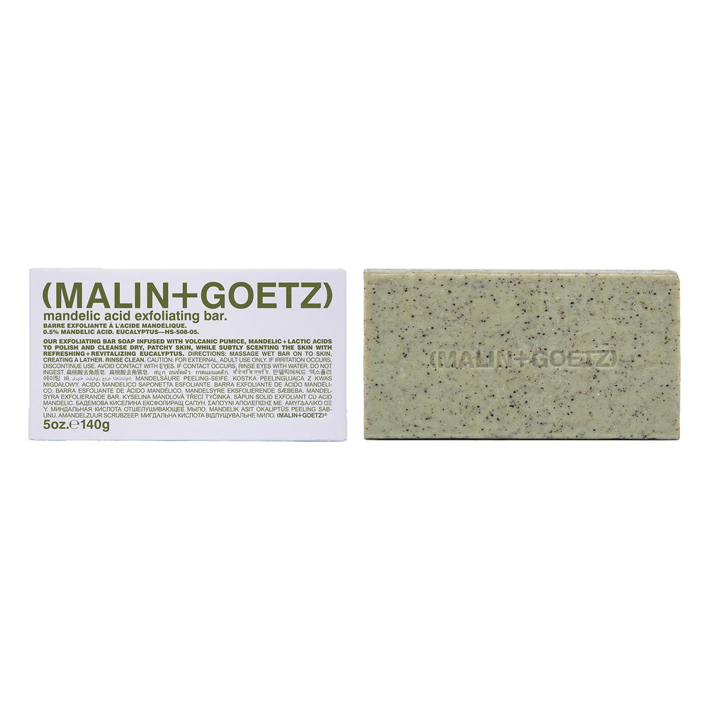 MALIN+GOETZ exfoliating bar front view showing label and size, clear product benefit