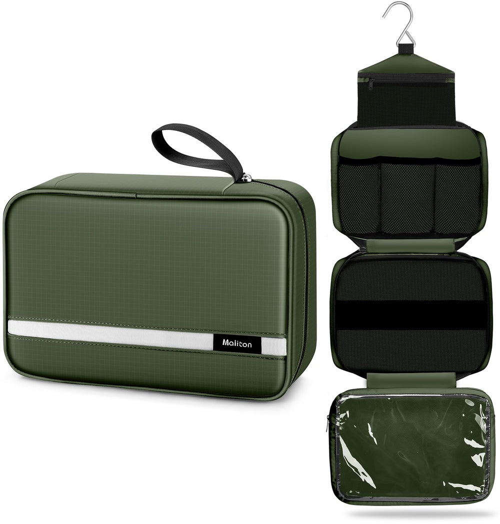 Maliton front view closed olive bag showing compact profile and travel-ready benefit