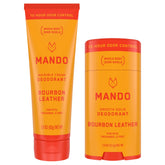 Mando front packaging showing bourbon leather scent and durable 3.0 oz tube benefits