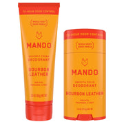 Mando front packaging showing bourbon leather scent and durable 3.0 oz tube benefits