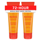 Mando front packaging showing Bourbon Leather scent and 2-pack benefit