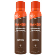 Mando Cedar Grove front packaging showing two-spray pack and clear benefit