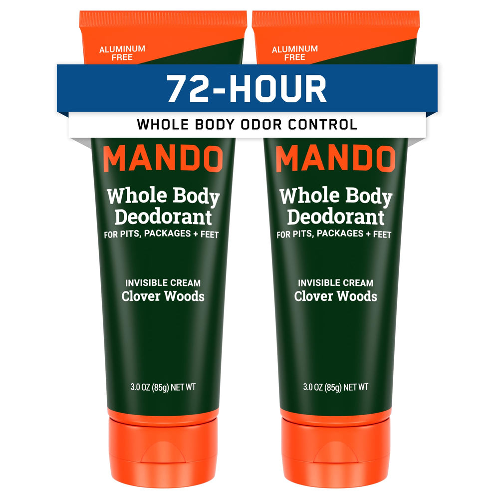 Mando front packaging showing two tubes and Clover Woods scent benefit freshness