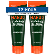 Mando front packaging showing two tubes and Clover Woods scent benefit freshness