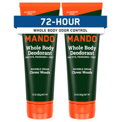 Mando front packaging showing two tubes and Clover Woods scent benefit freshness