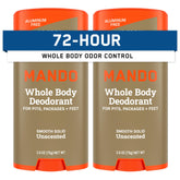Mando front view of unscented solid stick showing clean packaging and benefit of discreet use