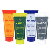 Mando front packaging showing four 1.5 oz mixed mini tubes for travel convenience
