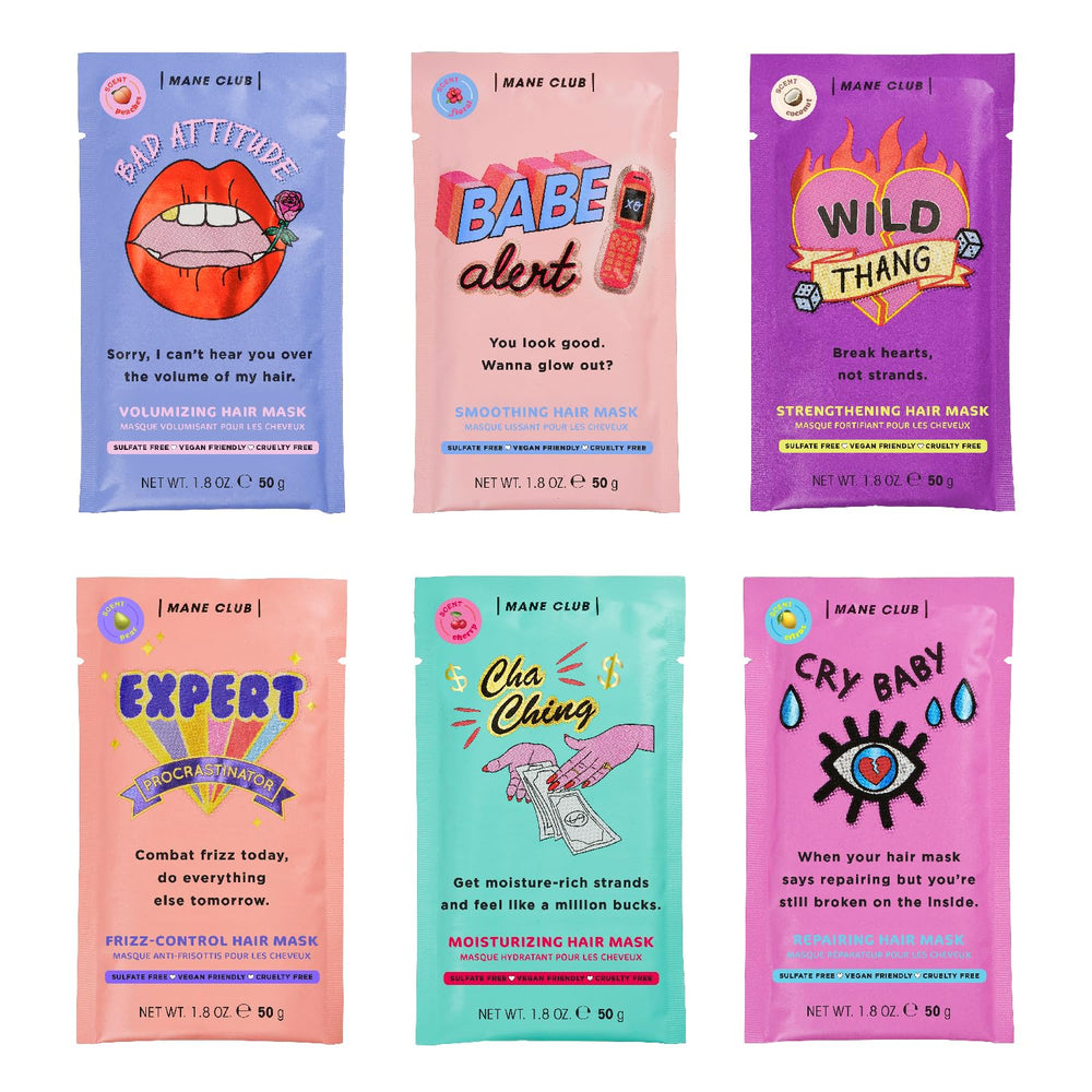 MANE CLUB front packaging showing six single-use masks and convenience