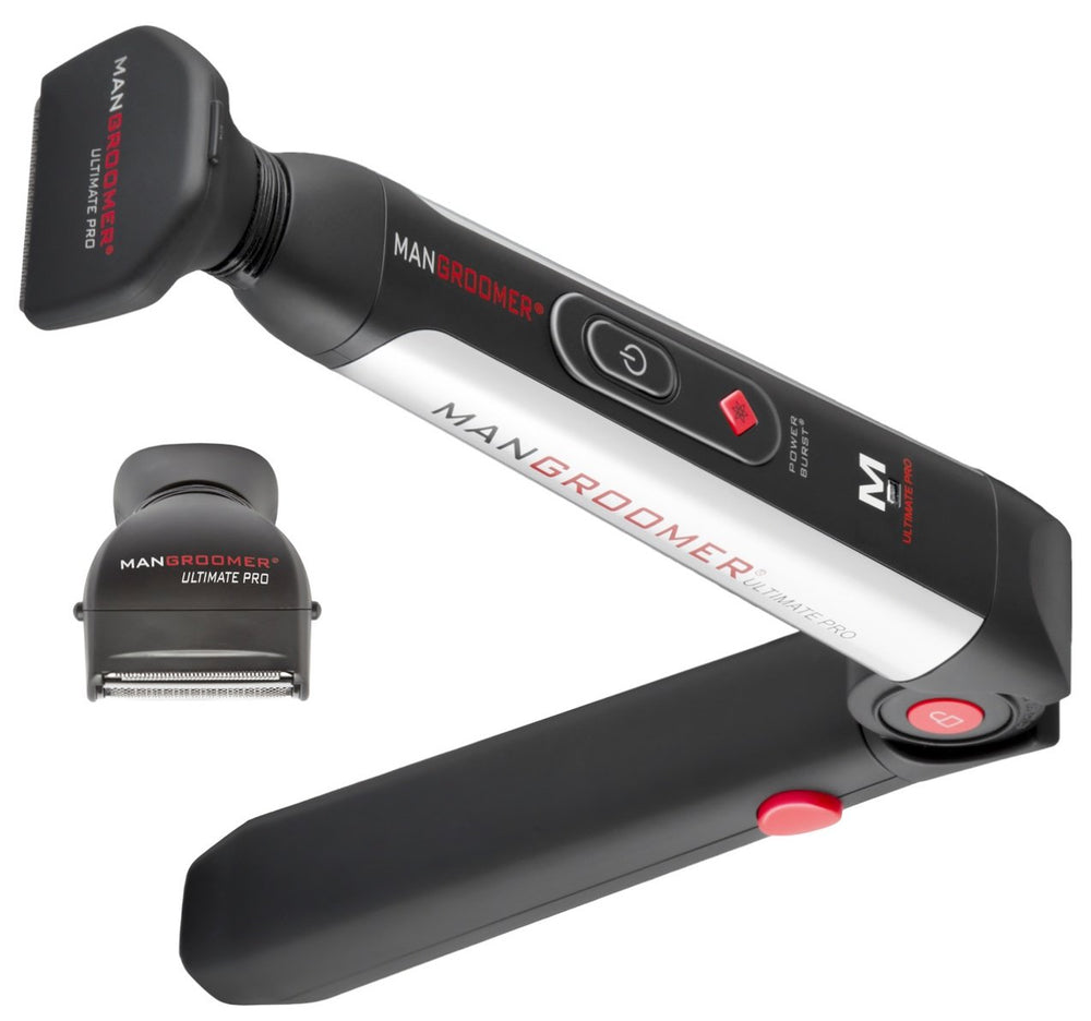 MANGROOMER front view showing full shaver and two attachments for easy grooming