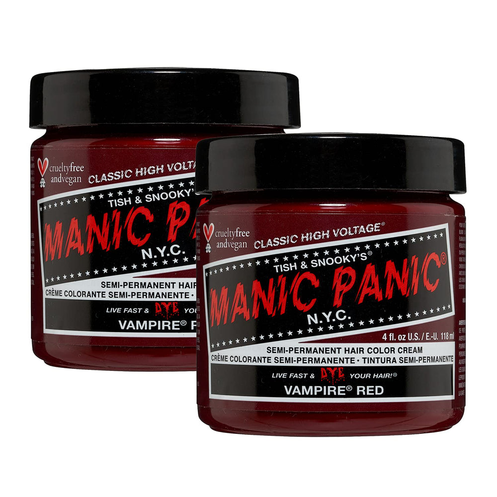 MANIC PANIC tub front view showing Vampire Red vivid color and packaging benefit