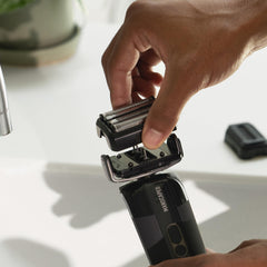 MANSCAPED foil in use on neck showing contouring benefit and reduced irritation