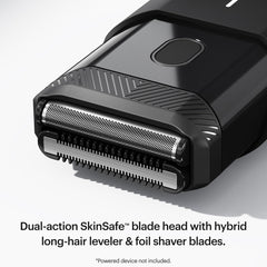 MANSCAPED side profile of blade head highlighting stainless steel finish, durability benefit