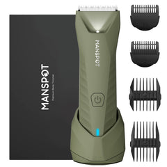 MANSPOT front view showing trimmer and packaging, highlights portability and features