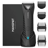 MANSPOT trimmer front view showing ergonomic grip and compact design for comfortable grooming
