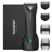 MANSPOT trimmer front view showing ergonomic grip and compact design for comfortable grooming