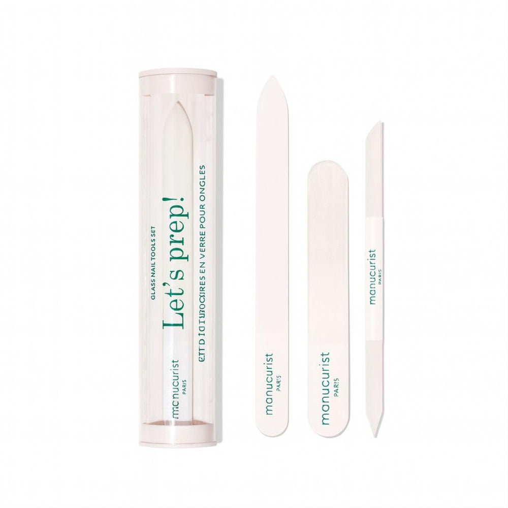 Manucurist boxed set front view showing three reusable glass manicure tools and tidy packaging benefit