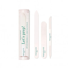 Manucurist boxed set front view showing three reusable glass manicure tools and tidy packaging benefit