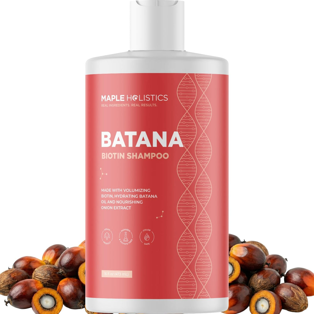 Maple Holistics front bottle showing biotin and batana benefits for fuller hair