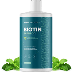 Maple Holistics front bottle showing volumizing biotin benefits