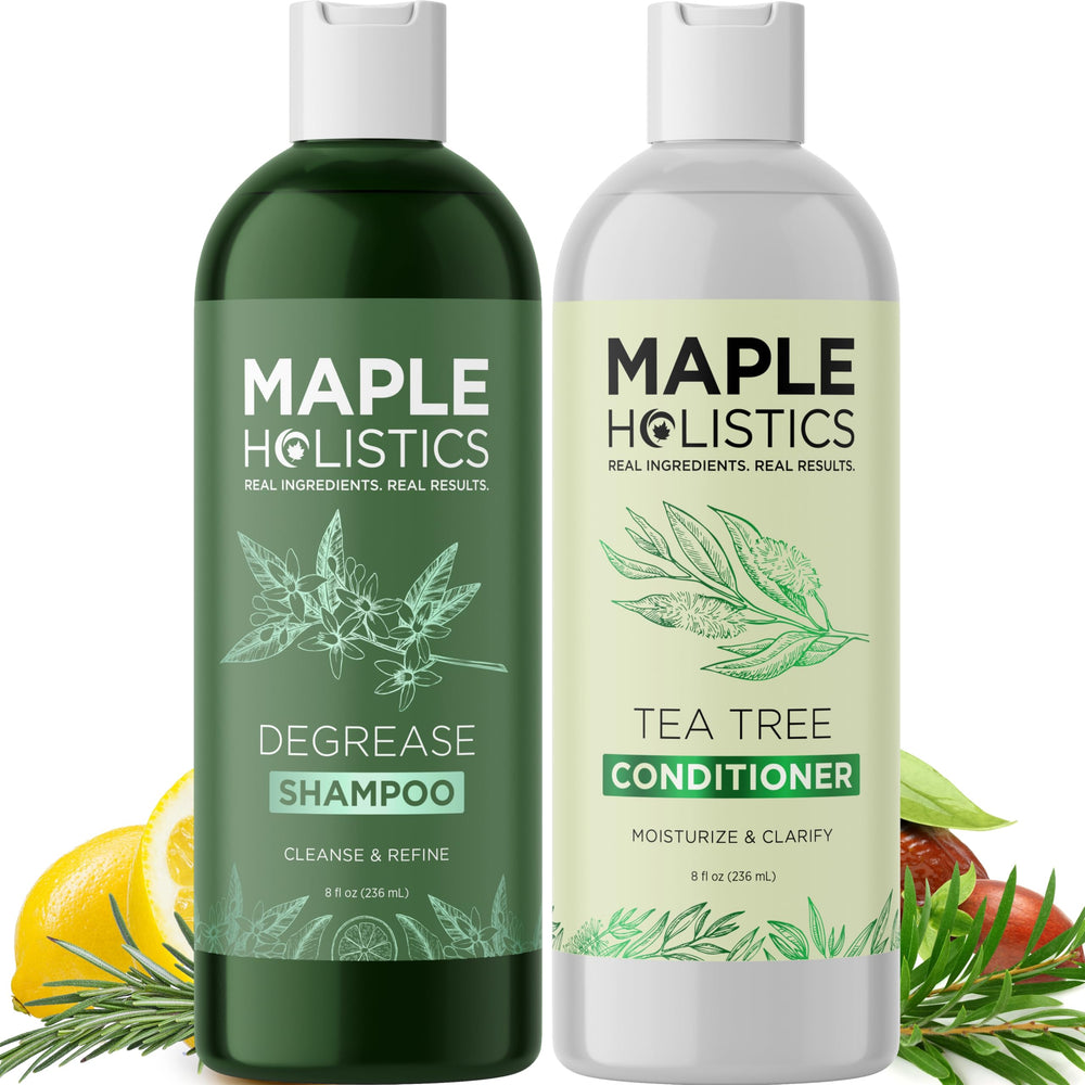 Maple Holistics front packaging showing degrease shampoo and conditioner for clean hair