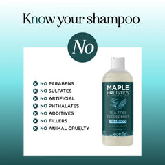 Maple Holistics label close-up highlighting rosemary and tea tree ingredients