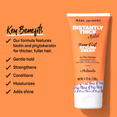 Marc Anthony styling cream in use during a blowout to create fuller, bouncy hair