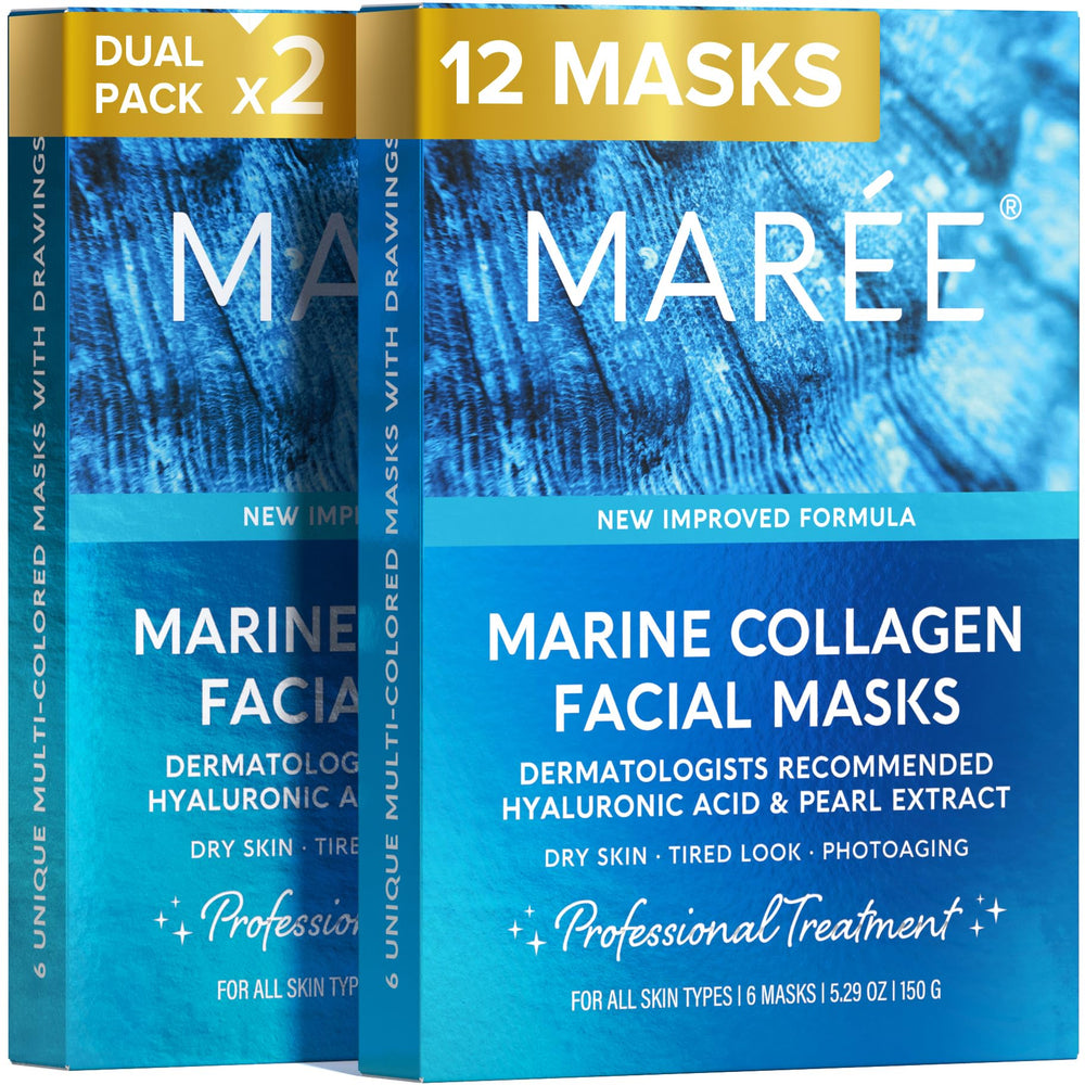 MAREE front packaging showing 12-count sheet masks and clear benefits