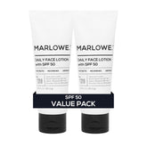 MARLOWE. front packaging showing SPF 50 and travel-friendly benefits