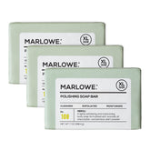 MARLOWE. front packaging showing three neroli soap bars and benefits