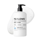 MARLOWE. front pump bottle showing Sage + Fir fragrance and clean design benefit