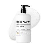 MARLOWE. front packaging showing the 15 oz pump and scent name, clear branding benefit
