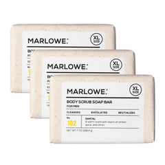 MARLOWE. front packaging showing three 7 oz Santal bars with scent benefit