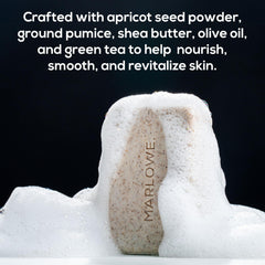 MARLOWE. close-up of scrub texture displaying apricot seed and pumice for buffing