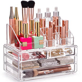 Masirs clear organizer front view showing neat countertop storage benefit