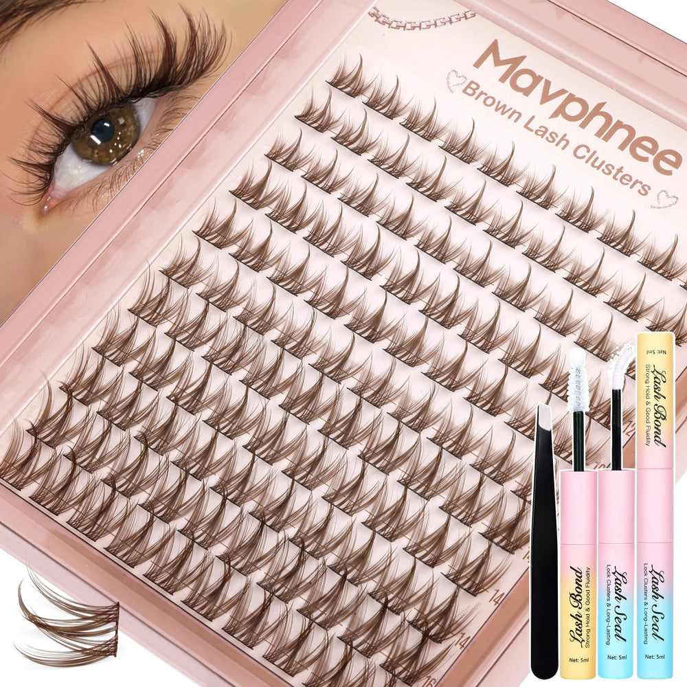 Mavphnee front packaging showing brown lash cluster kit benefits