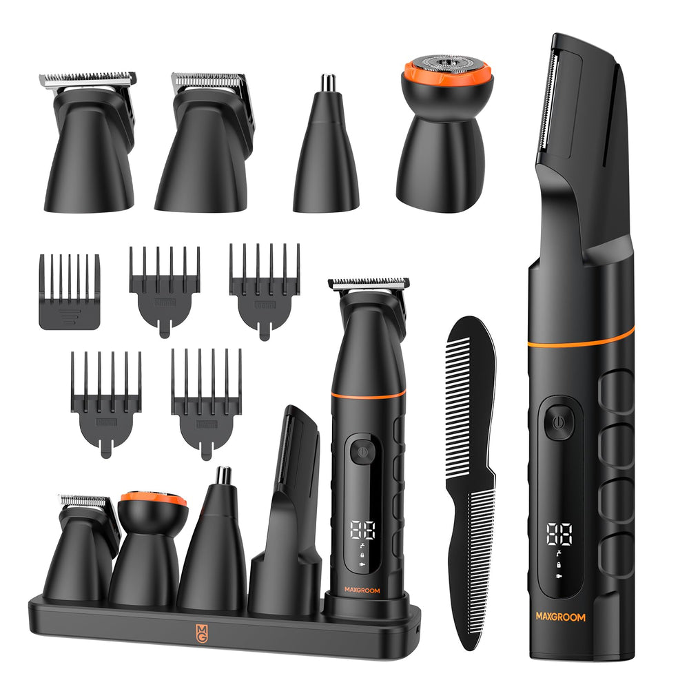 MAXGROOM front view showing all included heads and neat organization