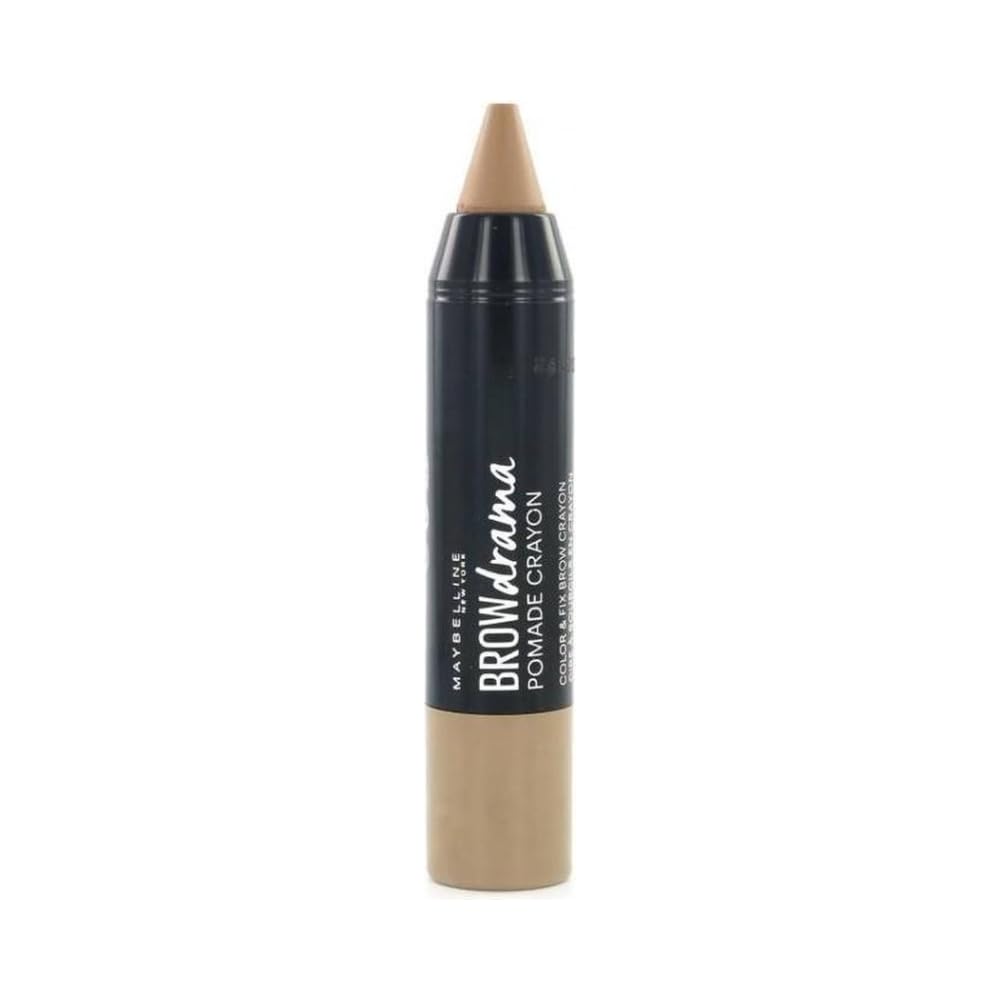 Maybelline Brow Drama Crayon front packaging showing slim retractable pencil and shade for precise filling